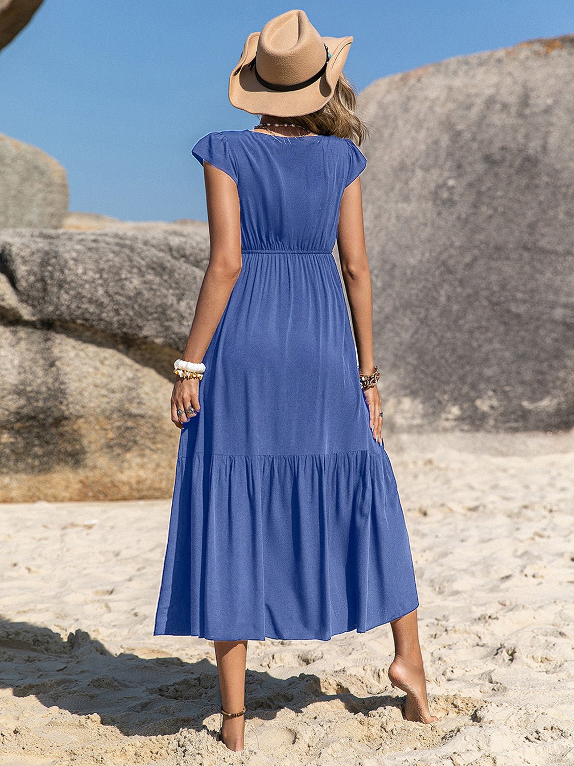 Beach Rose Co.Embroidered Square Neck Cap Sleeve Midi Dress in Blue