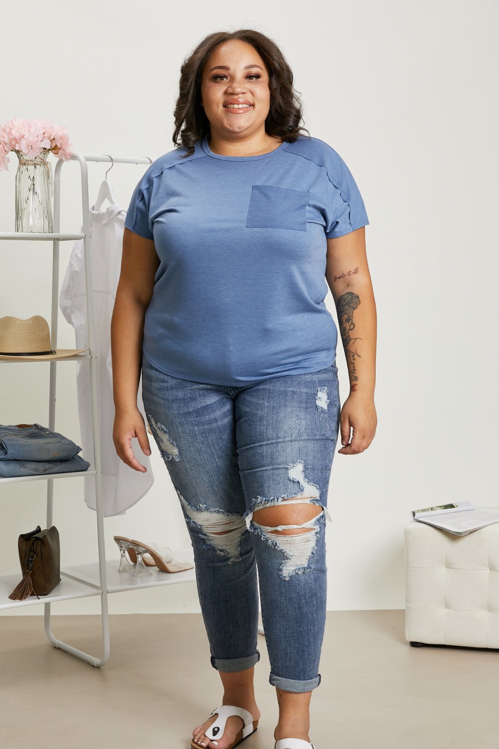 Sew In LoveExposed Seam Crew Neck Short Sleeve T - Shirt in Denim Blue