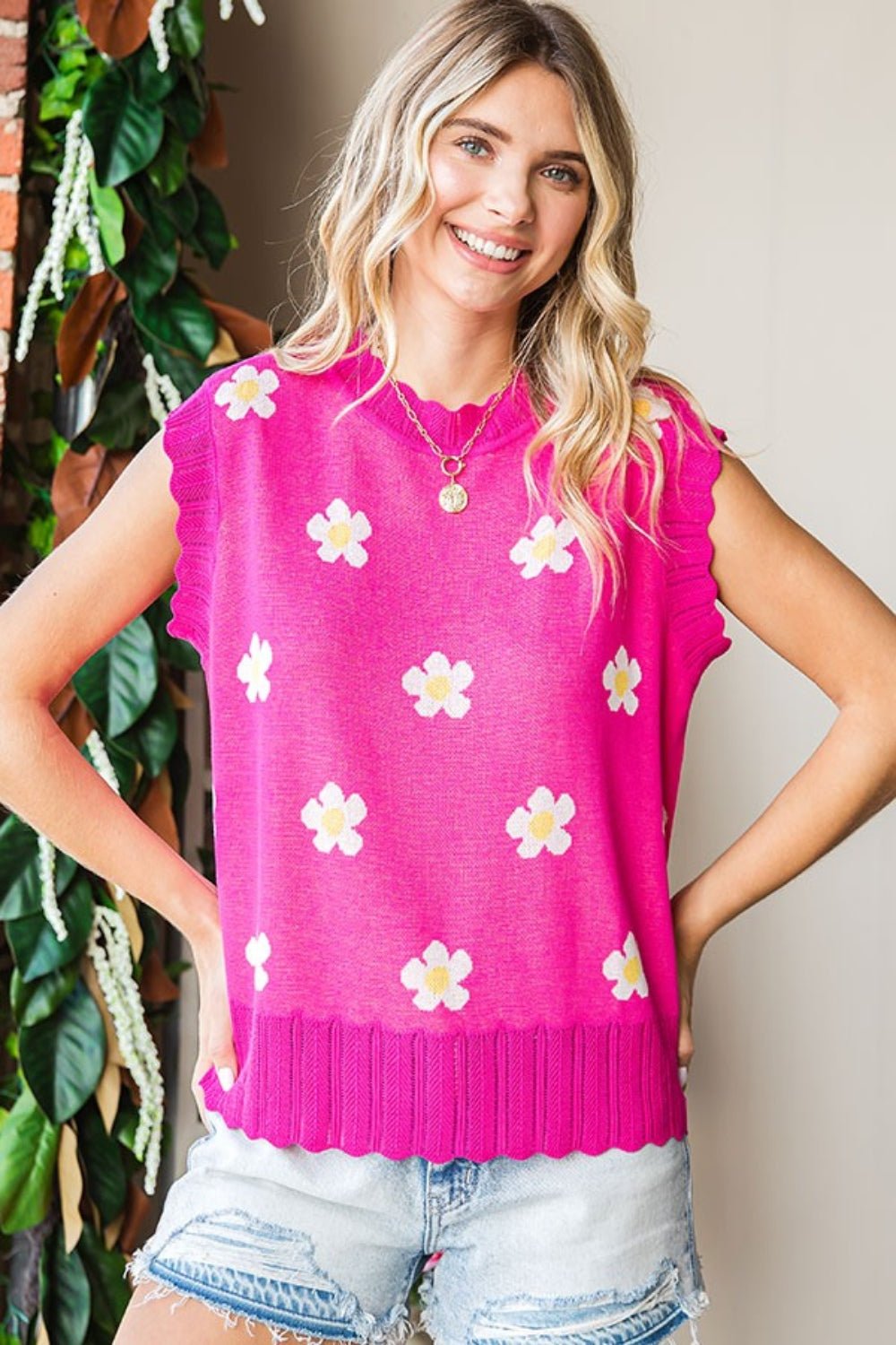 First LoveBlooming Daisies Sleeveless Sweater in Fuchsia