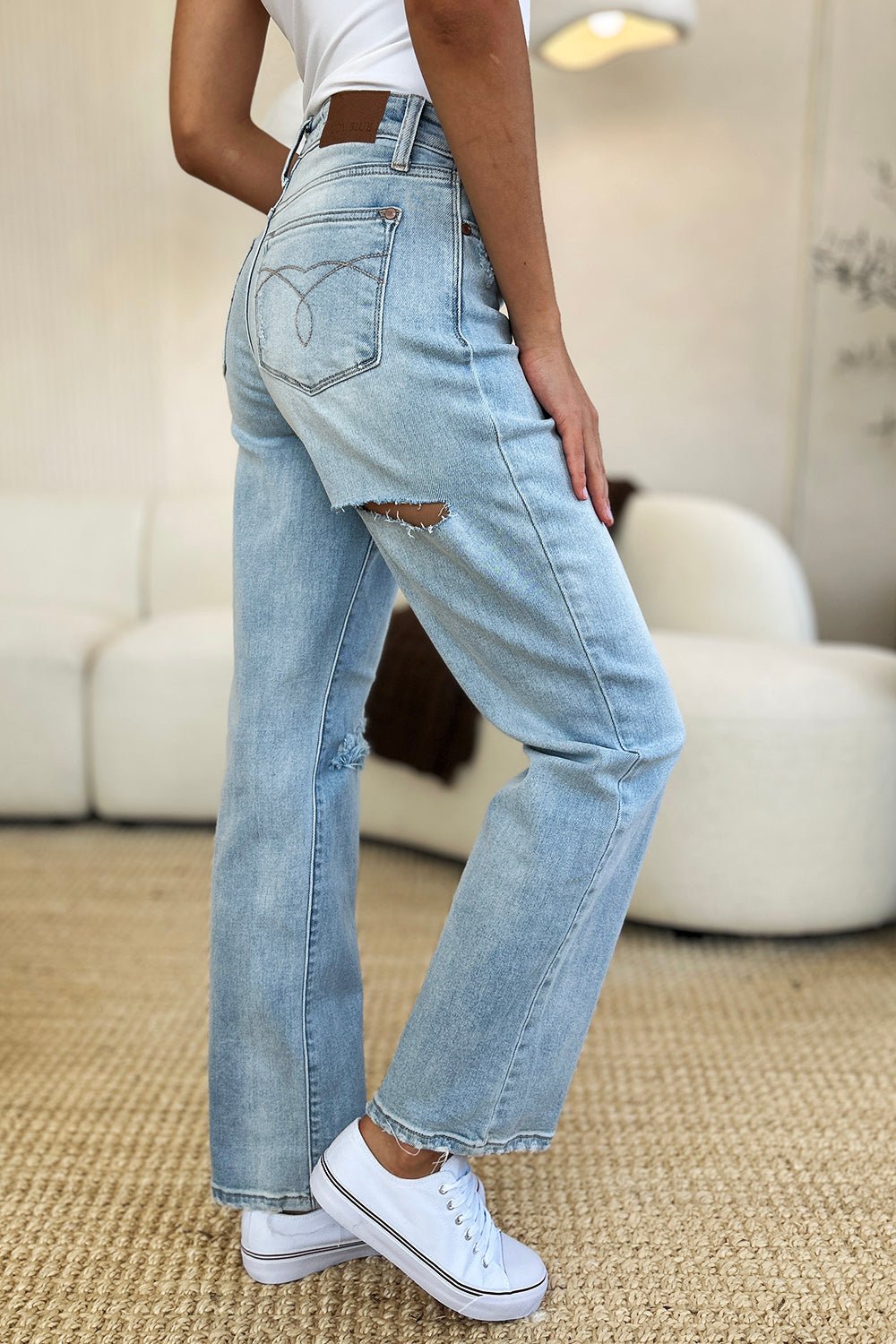 Judy BlueLight Wash High Waist Distressed Straight Jeans