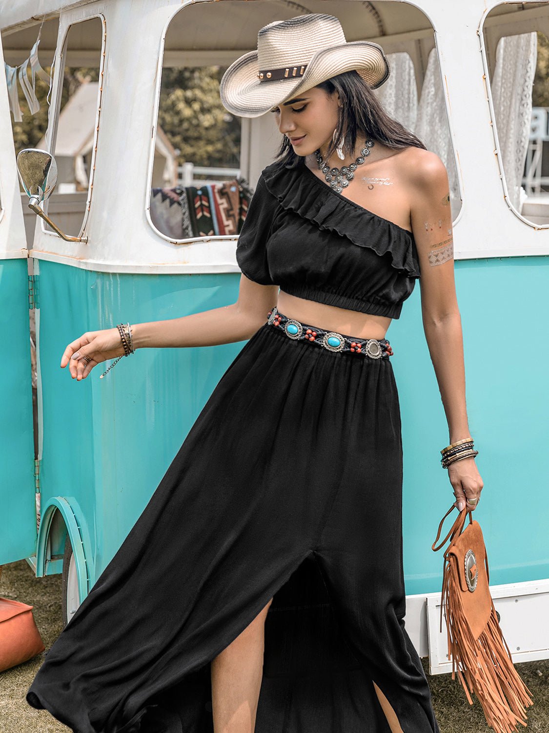 Beach Rose Co.One Shoulder Crop Top and Midi Skirt Set in Black