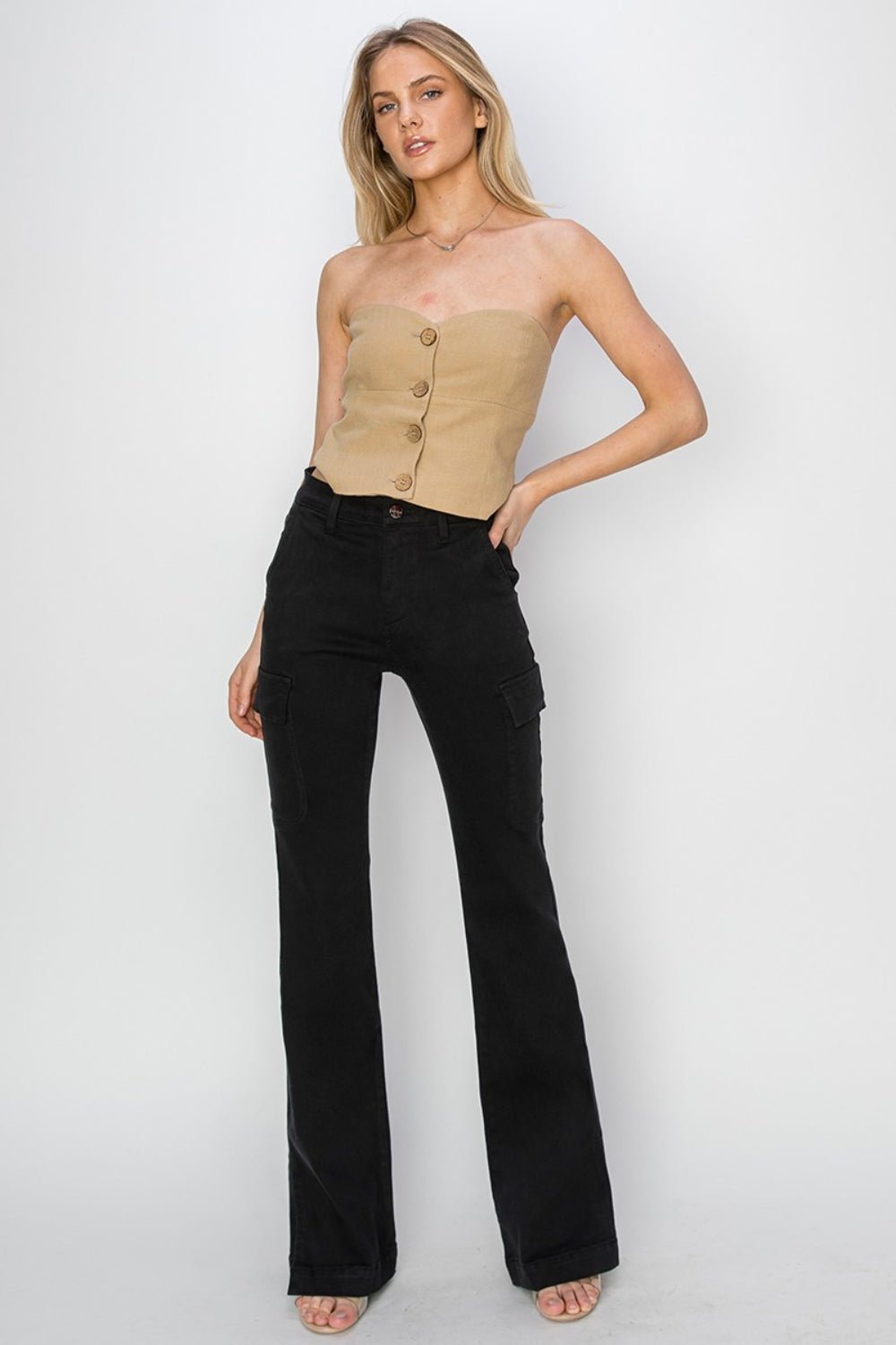 RISENHigh Rise Side Slit Cargo Bootcut Jeans in Black