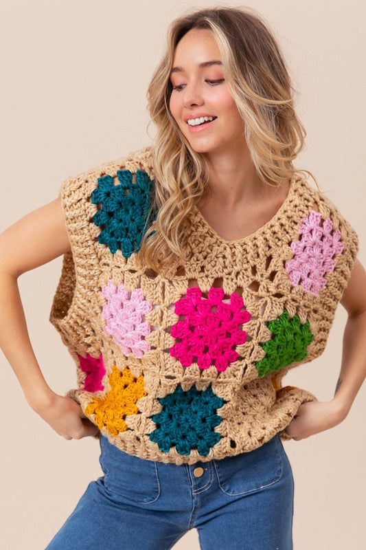 BiBiGranny Square Openwork Sleeveless Sweater in Taupe