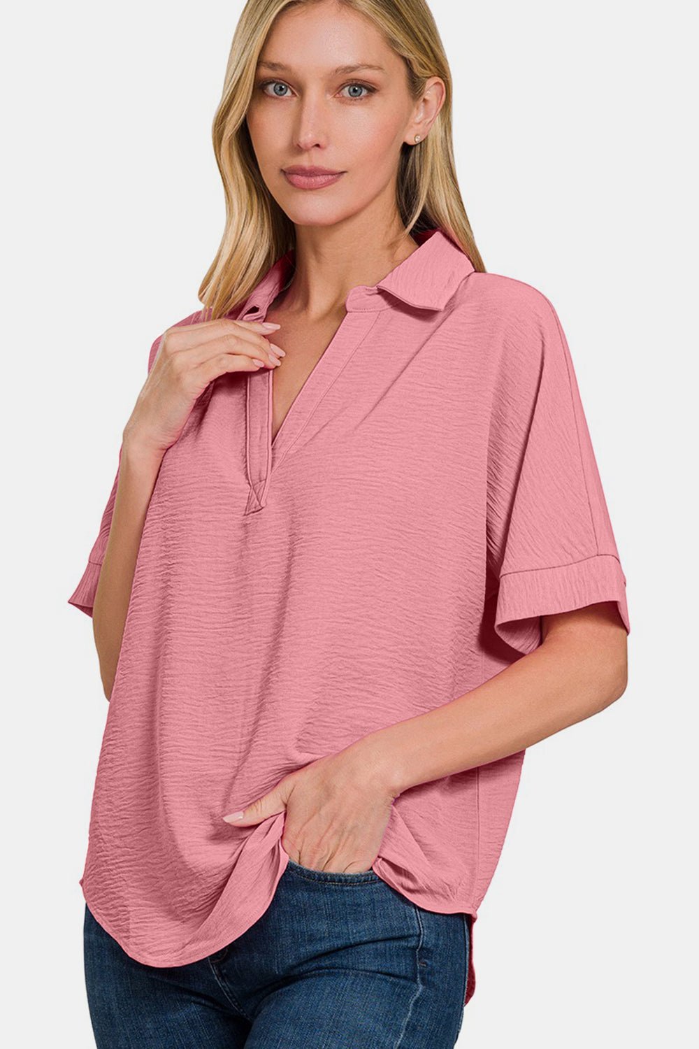 ZenanaTextured Collared Short Sleeve Top in Light Rose