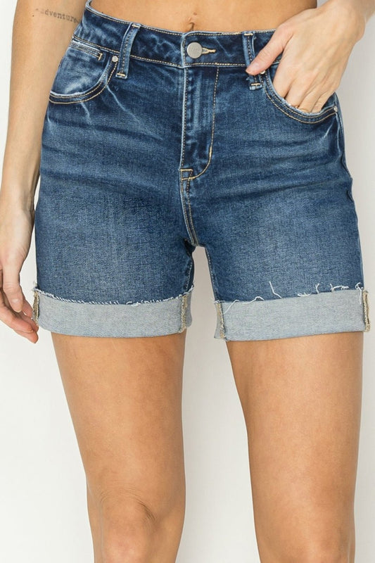 RISENDark Wash High Rise Cuffed Denim Shorts