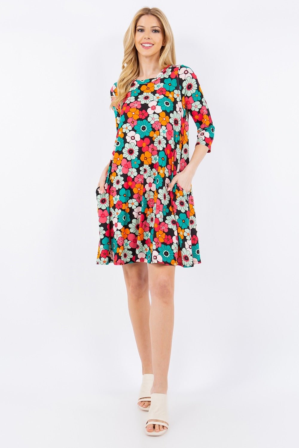 Celeste DesignBlack Floral Three - Quarter Sleeve Mini Dress with Pockets