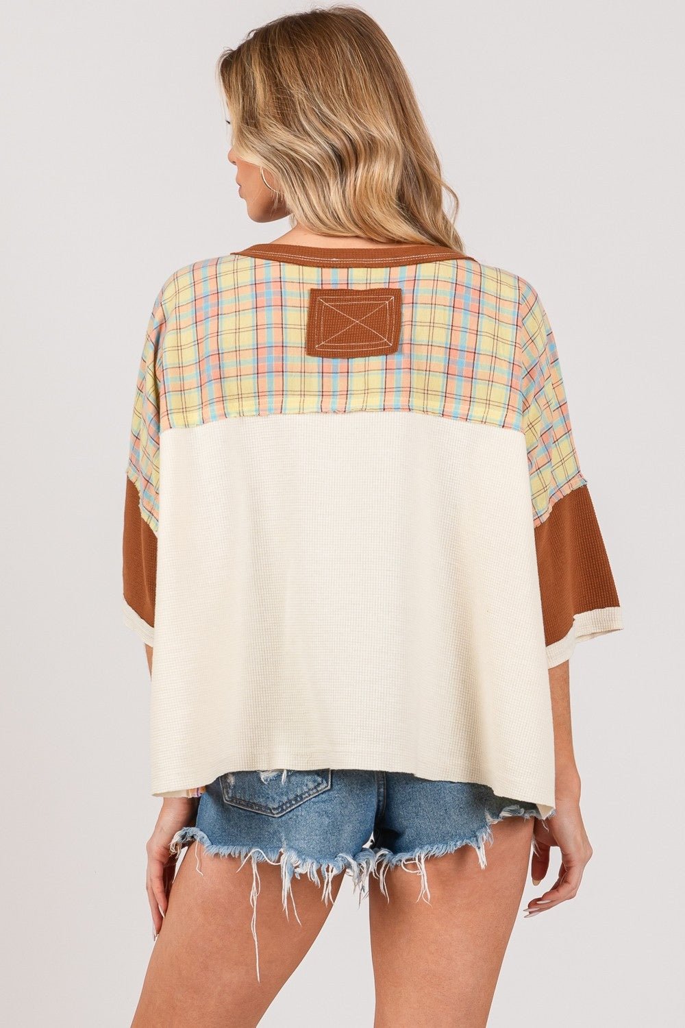 SAGE+FIGScoop Neck Plaid Star Patch T - Shirt in Mocha