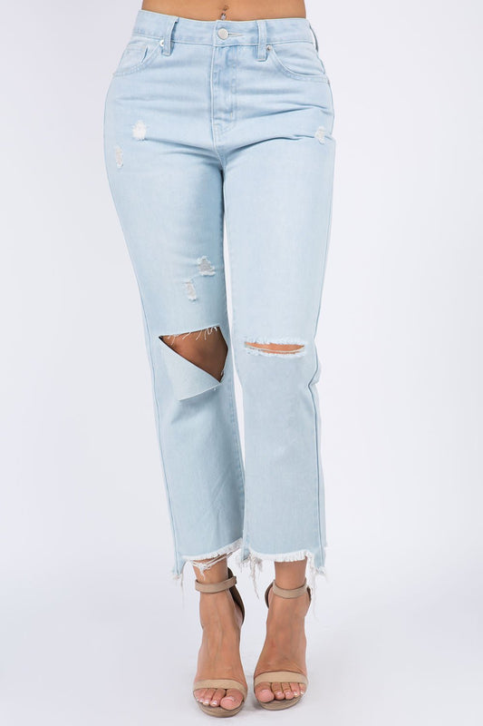 American BaziLight Wash High Waist Distressed Raw Hem Jeans