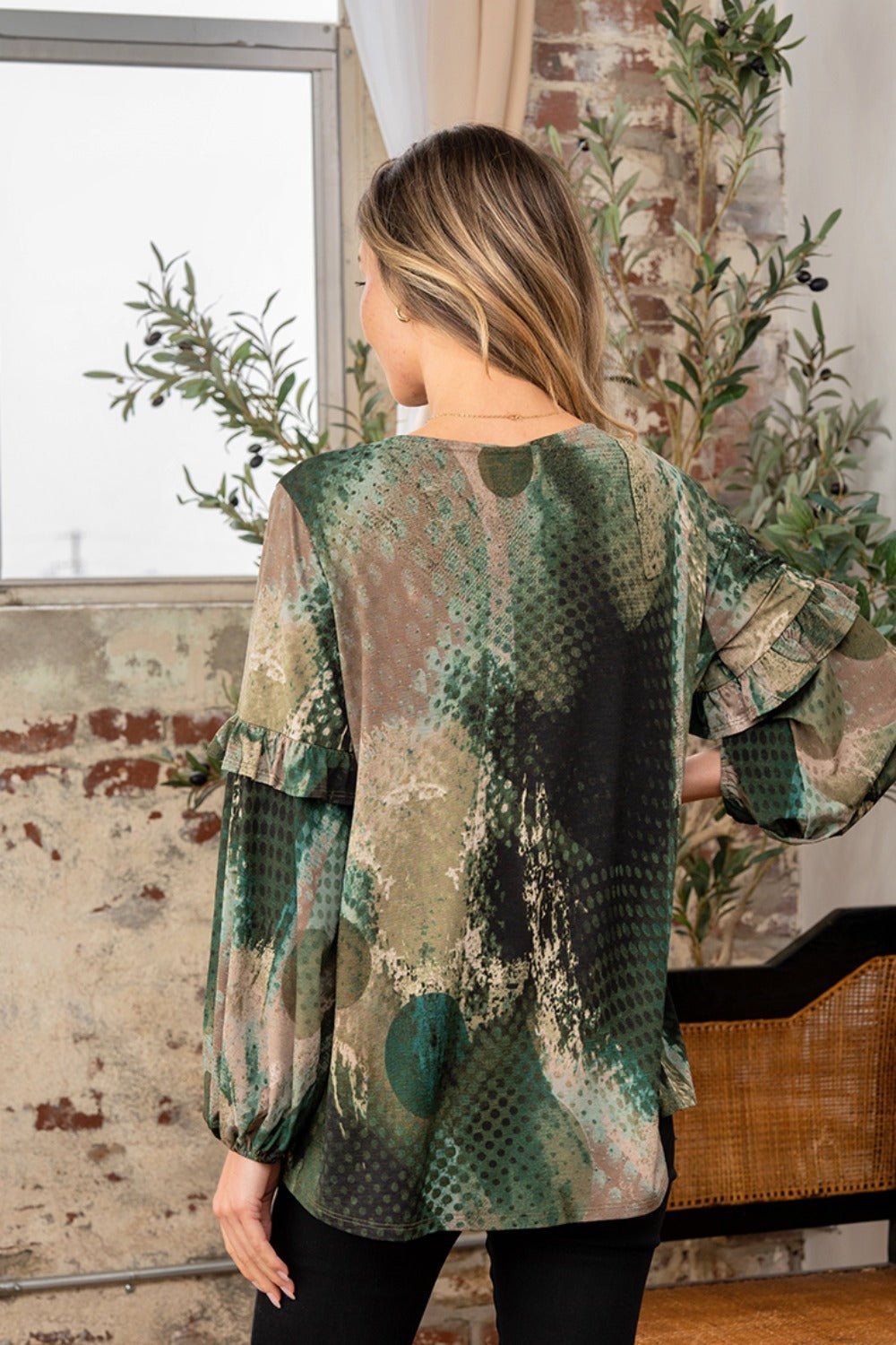 Sew In LoveSnakeskin Print Long Sleeve Ruffle Detail Top in Olive