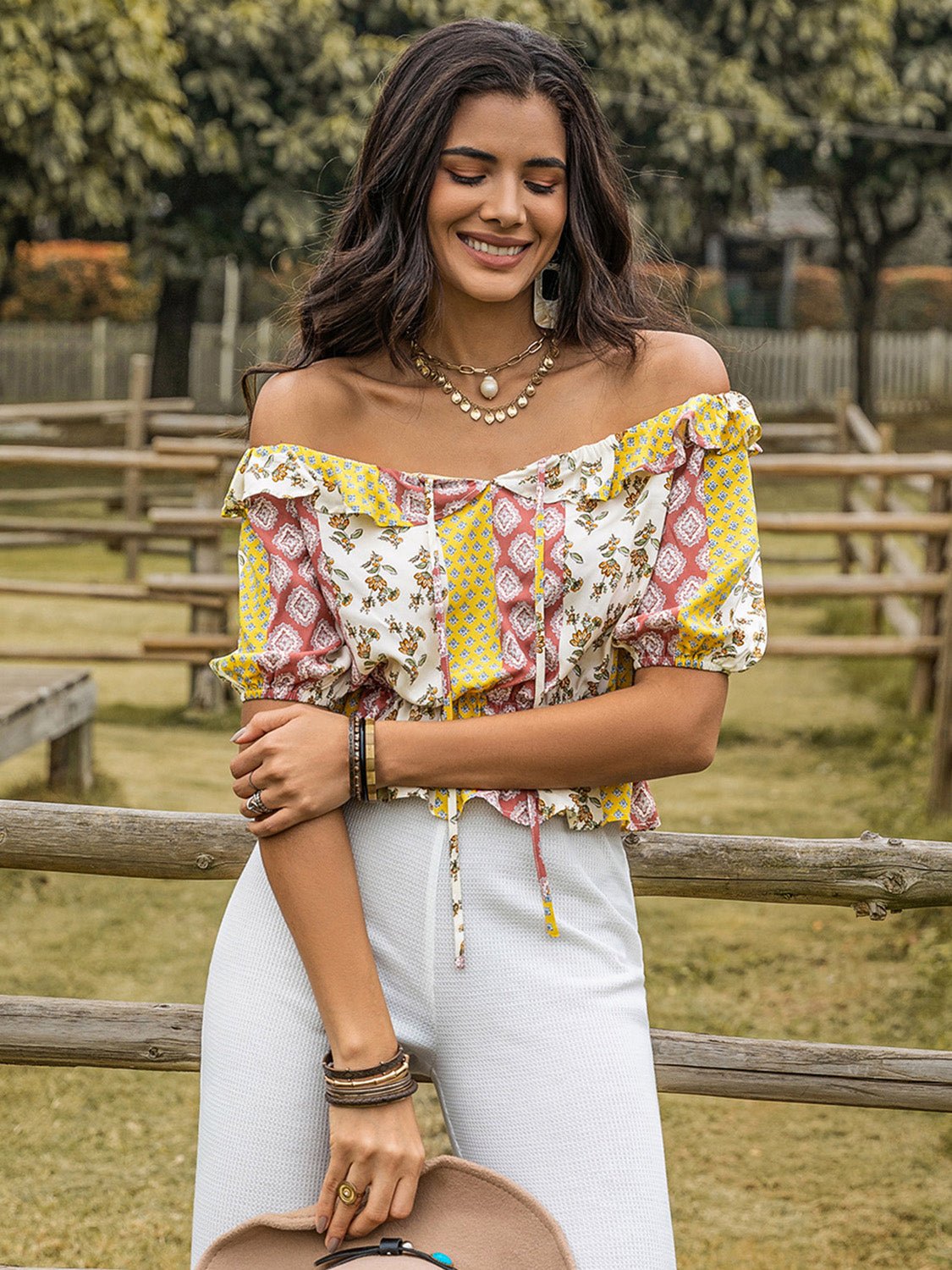 Beach Rose Co.Ruffled Printed Off - Shoulder Short Sleeve Peplum Blouse