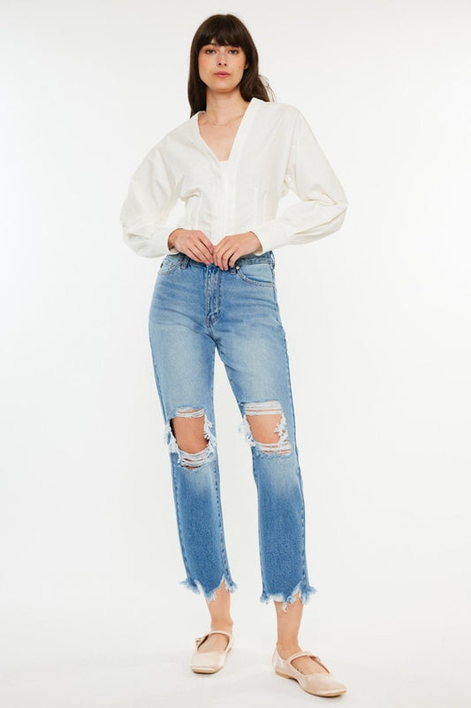 KancanMedium Wash Distressed Frayed Hem Cropped Jeans