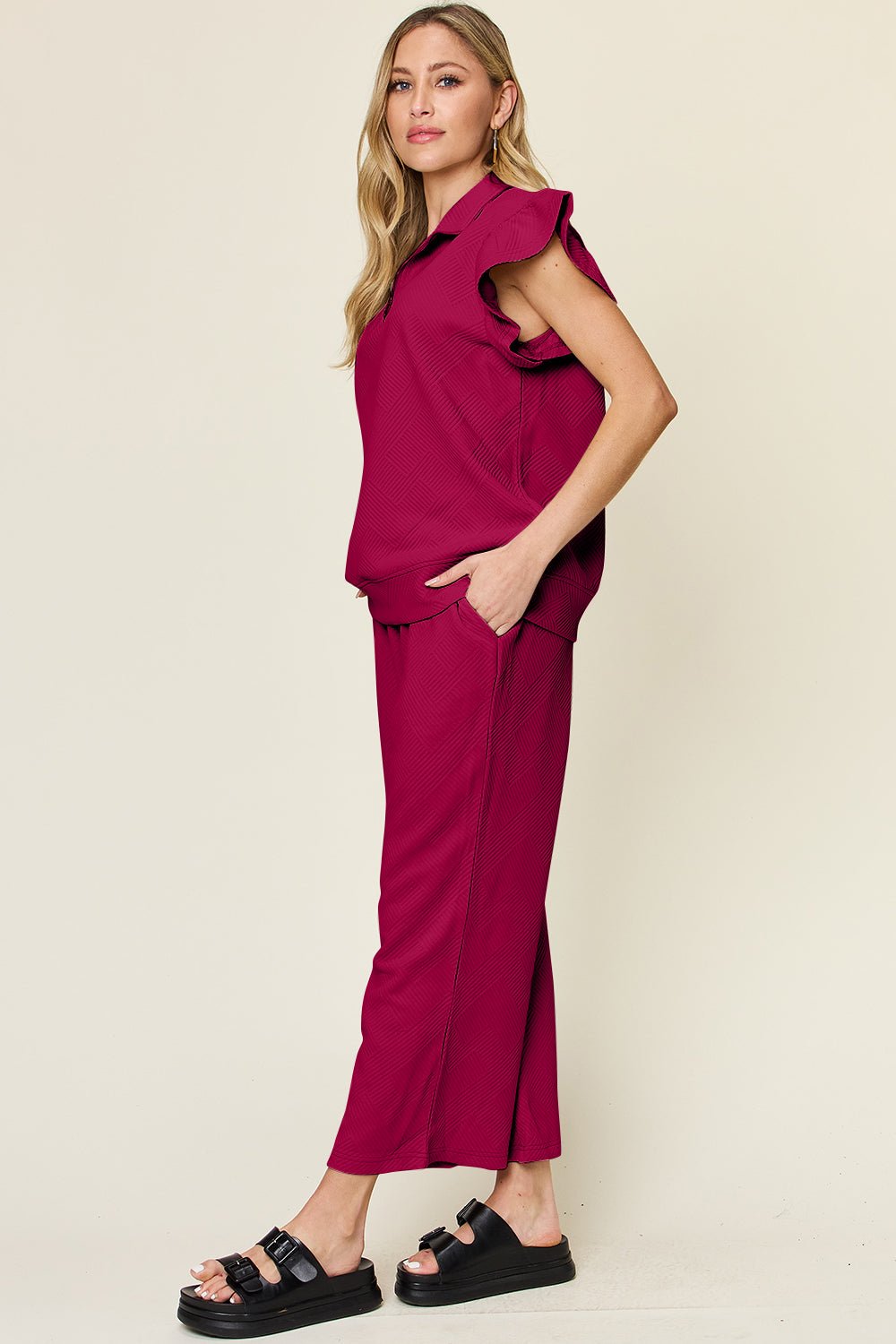 Double TakeTextured Ruffle Short Sleeve Top and Drawstring Wide Leg Pants Set