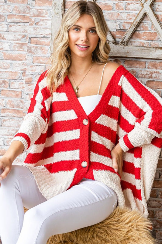First LoveTextured Striped Button Down Cardigan in Red