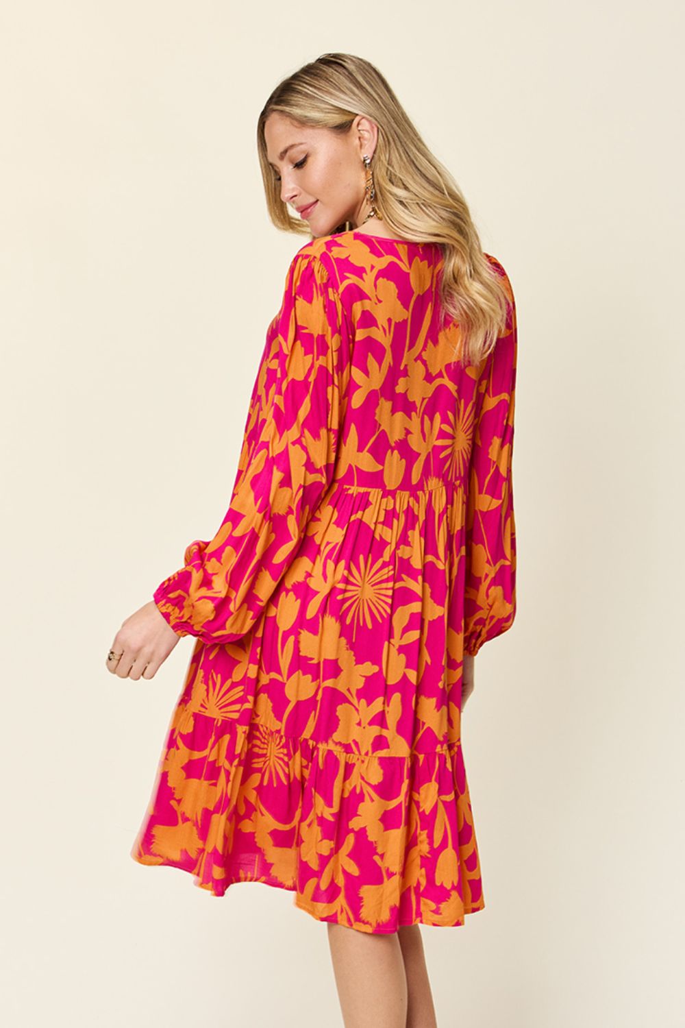 Double TakeFloral Print Ruffle Hem Long Sleeve Knee - Length Dress