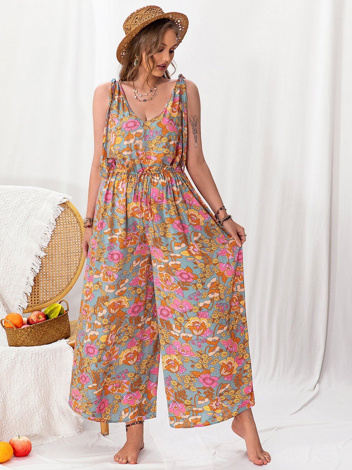 Beach Rose Co.Plus Size Multicolor Printed Wide Leg Sleeveless Jumpsuit