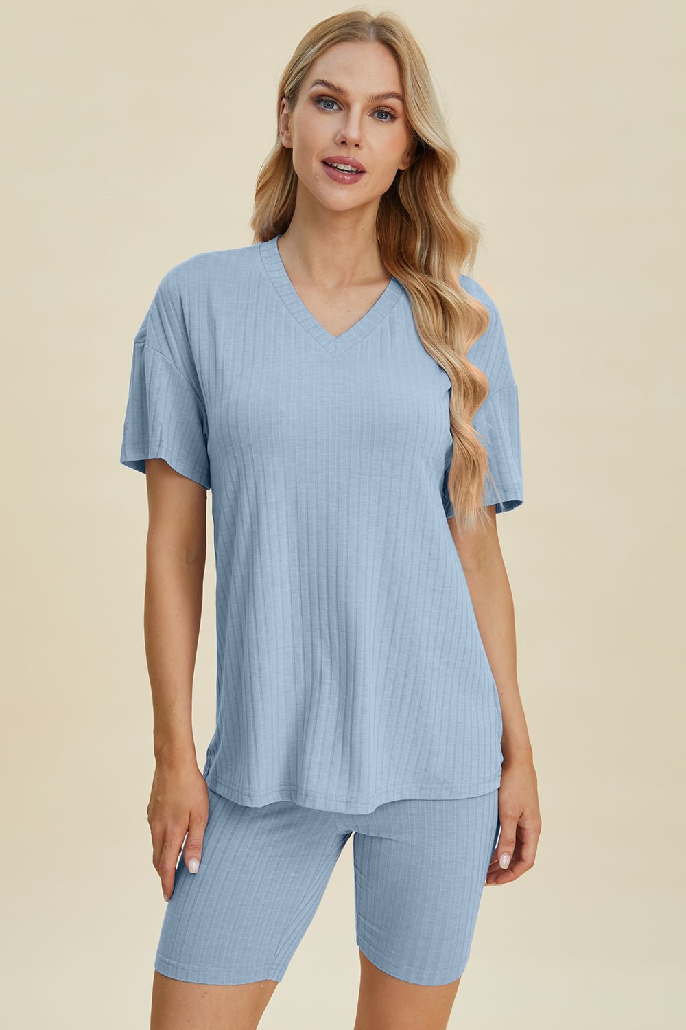 Basic BaeRib Knit V - Neck Short Sleeve Top and Shorts Set