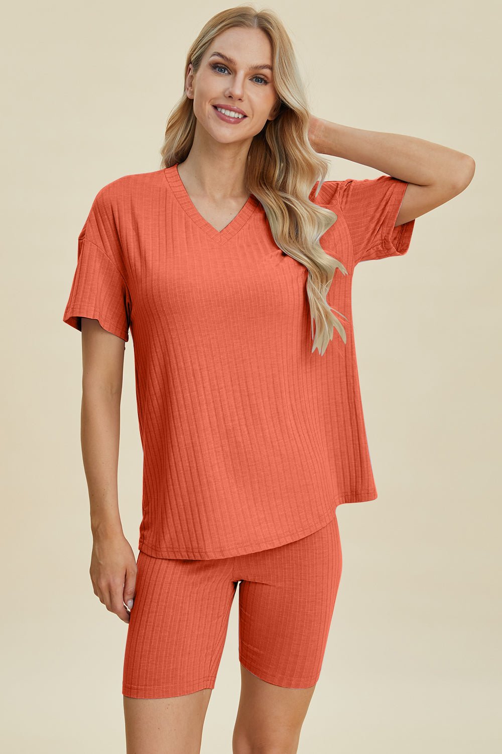 Basic BaeRib Knit V - Neck Short Sleeve Top and Shorts Set