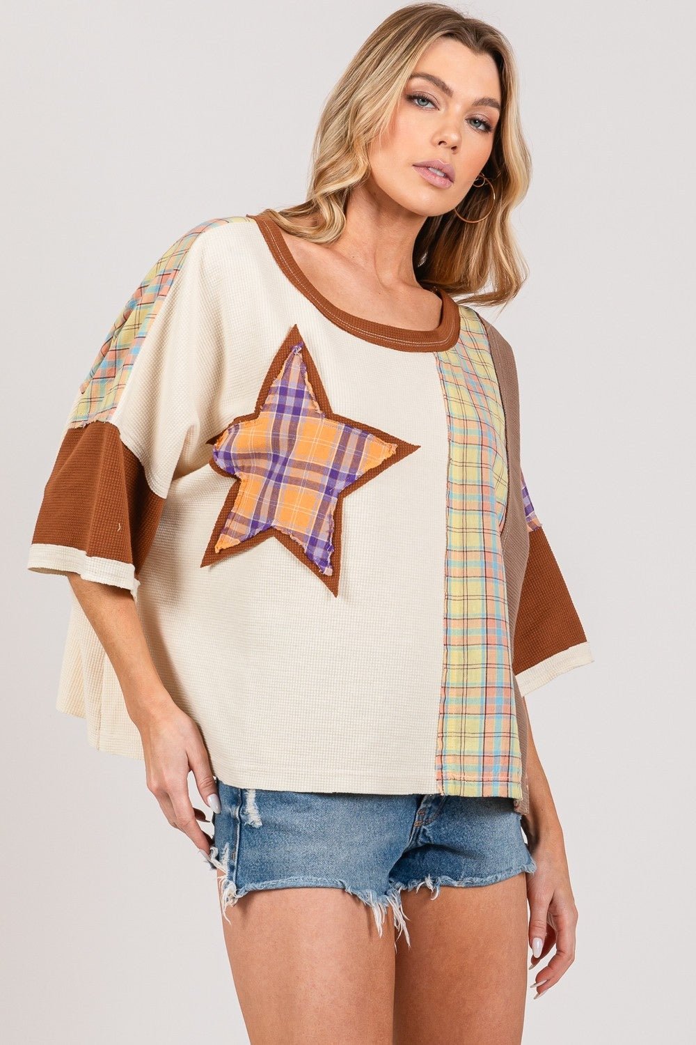 SAGE+FIGScoop Neck Plaid Star Patch T - Shirt in Mocha