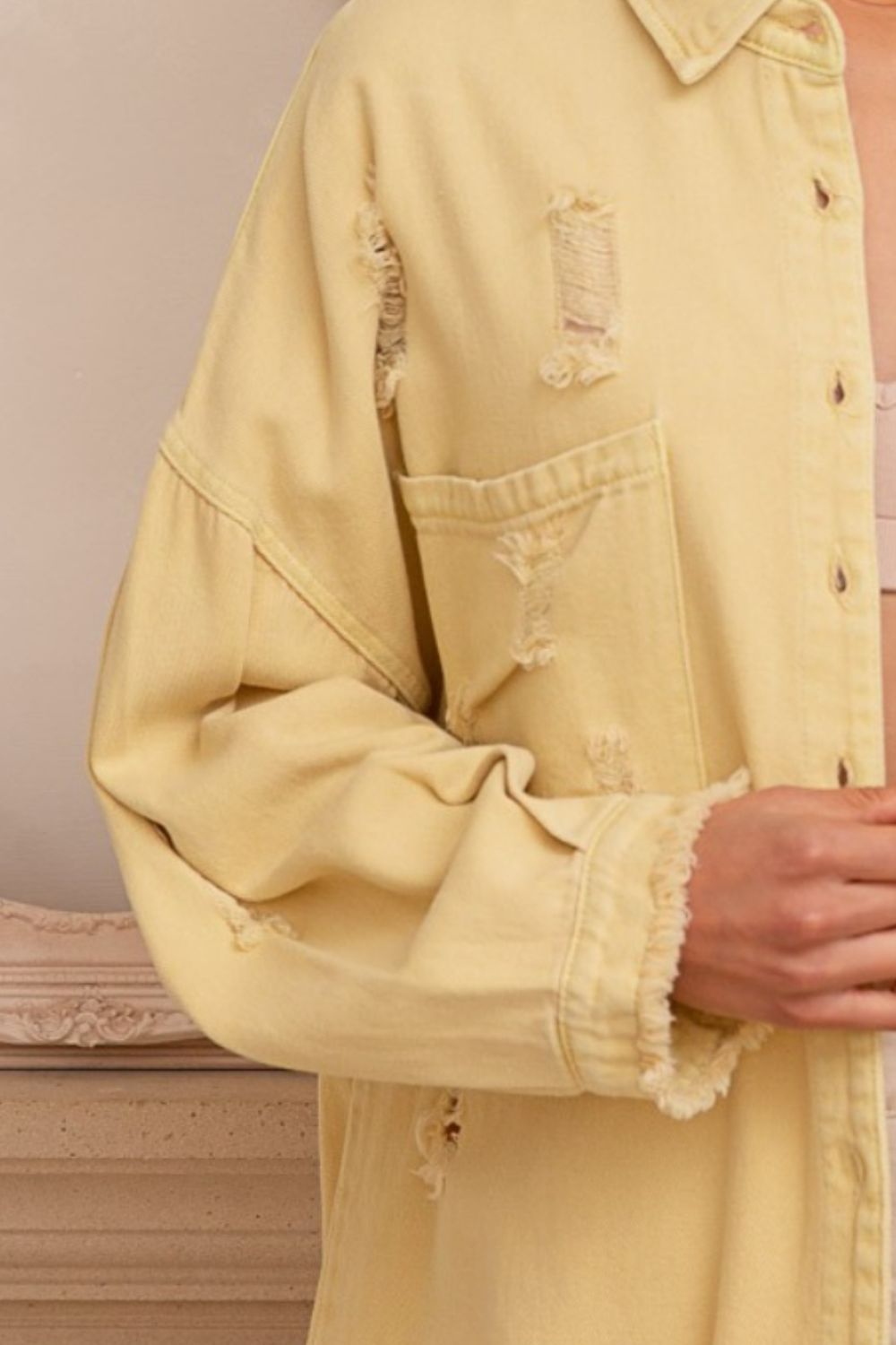 POLButton Down Raw Hem Distressed Shacket in Lemonade