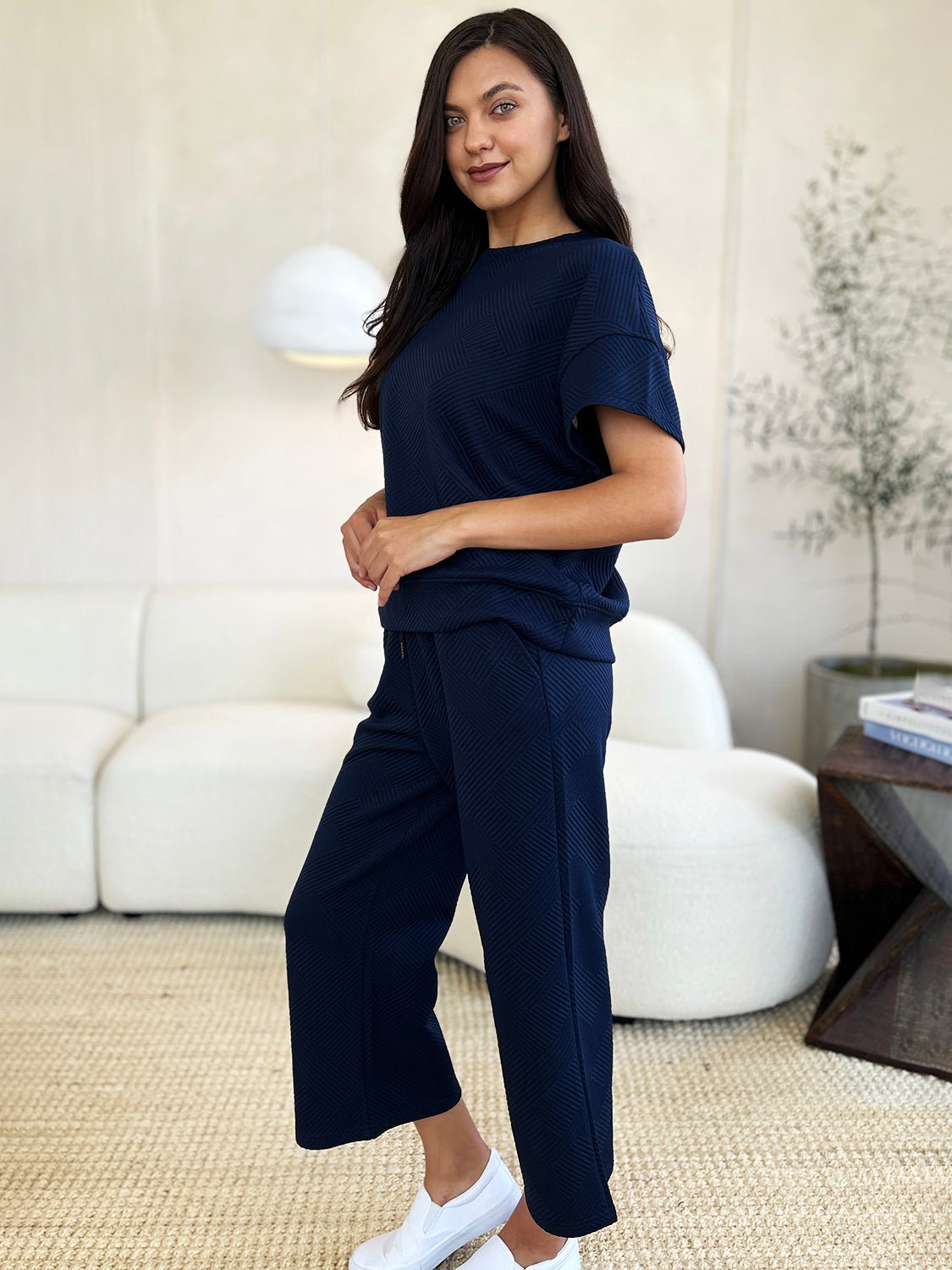 Double TakeTextured Short Sleeve Top and Pants Set