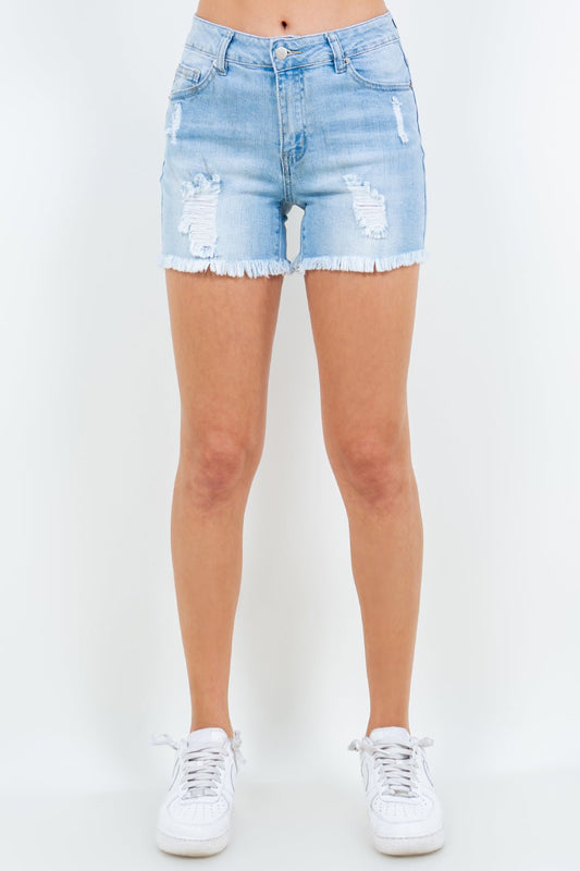 American BaziHigh Waist Distressed Frayed Denim Shorts