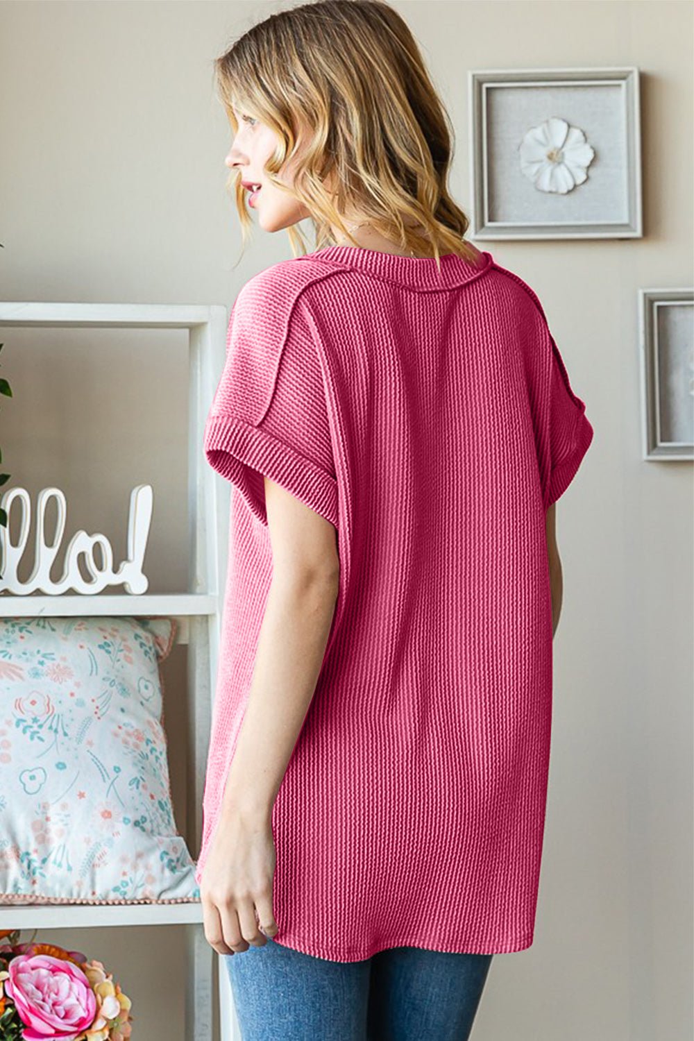 HeimishExposed Seam Short Sleeve Rib Knit Top in Hot Pink