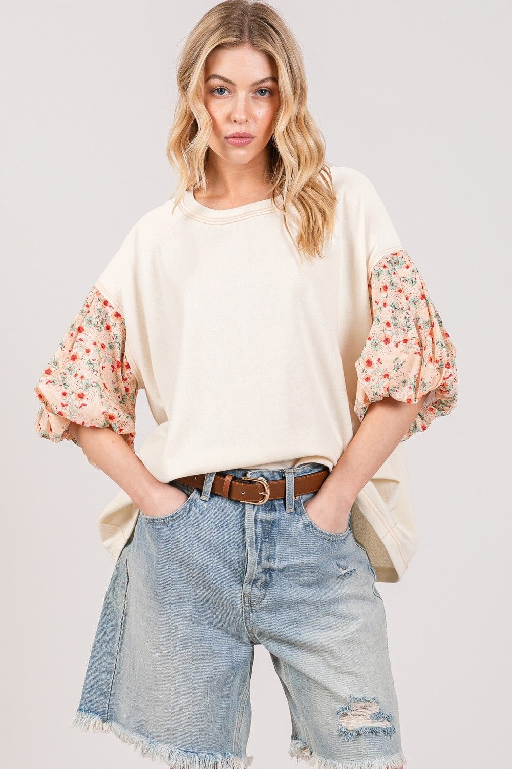 SAGE+FIGBubble Sleeve Oversized Top in Ivory