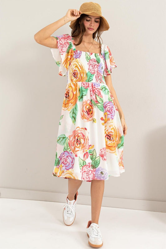 HYFVEMulticolor Floral Flutter Sleeve Smocked Midi Dress