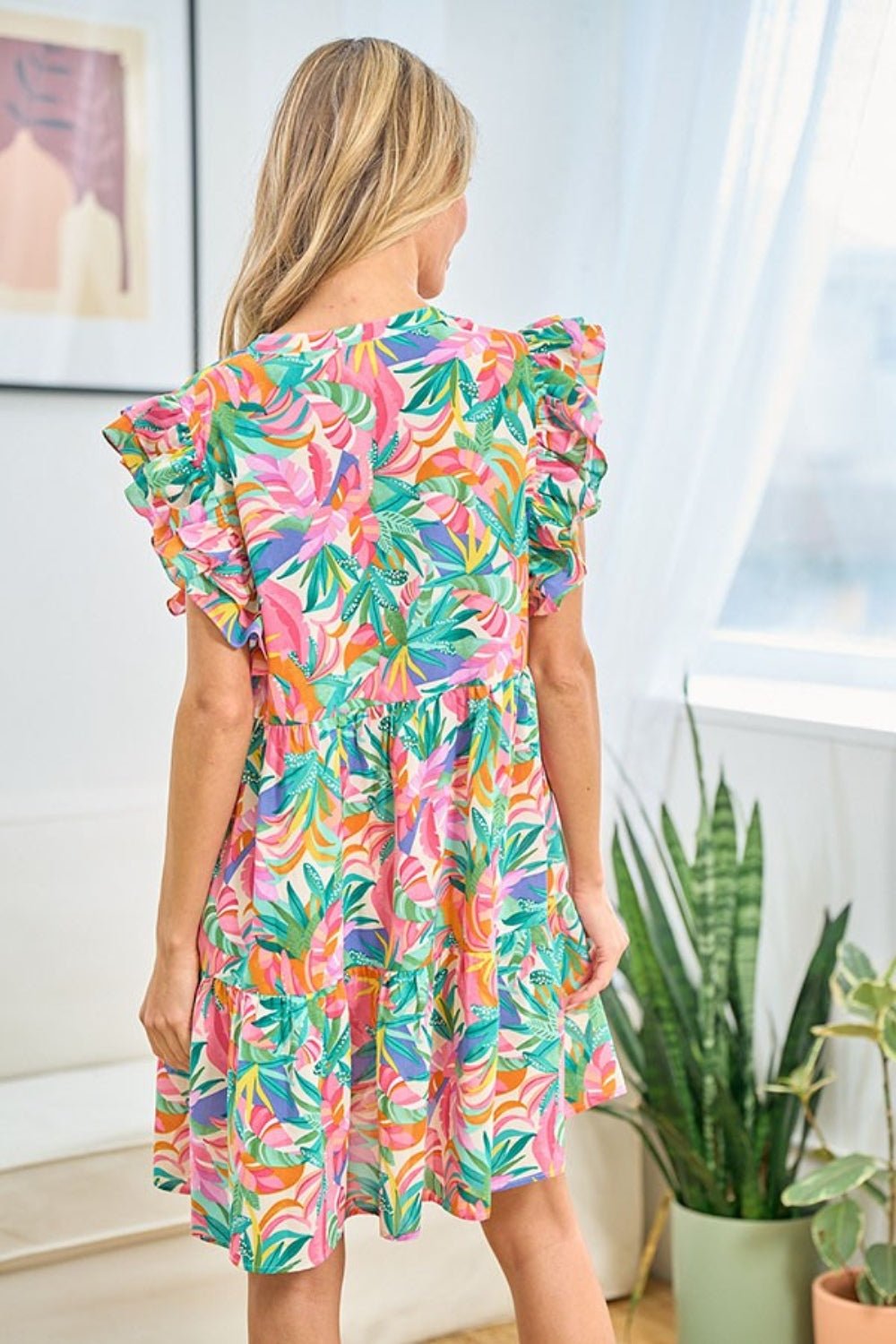 First LoveMulticolor Print Ruffled Cap Sleeve Mini Dress