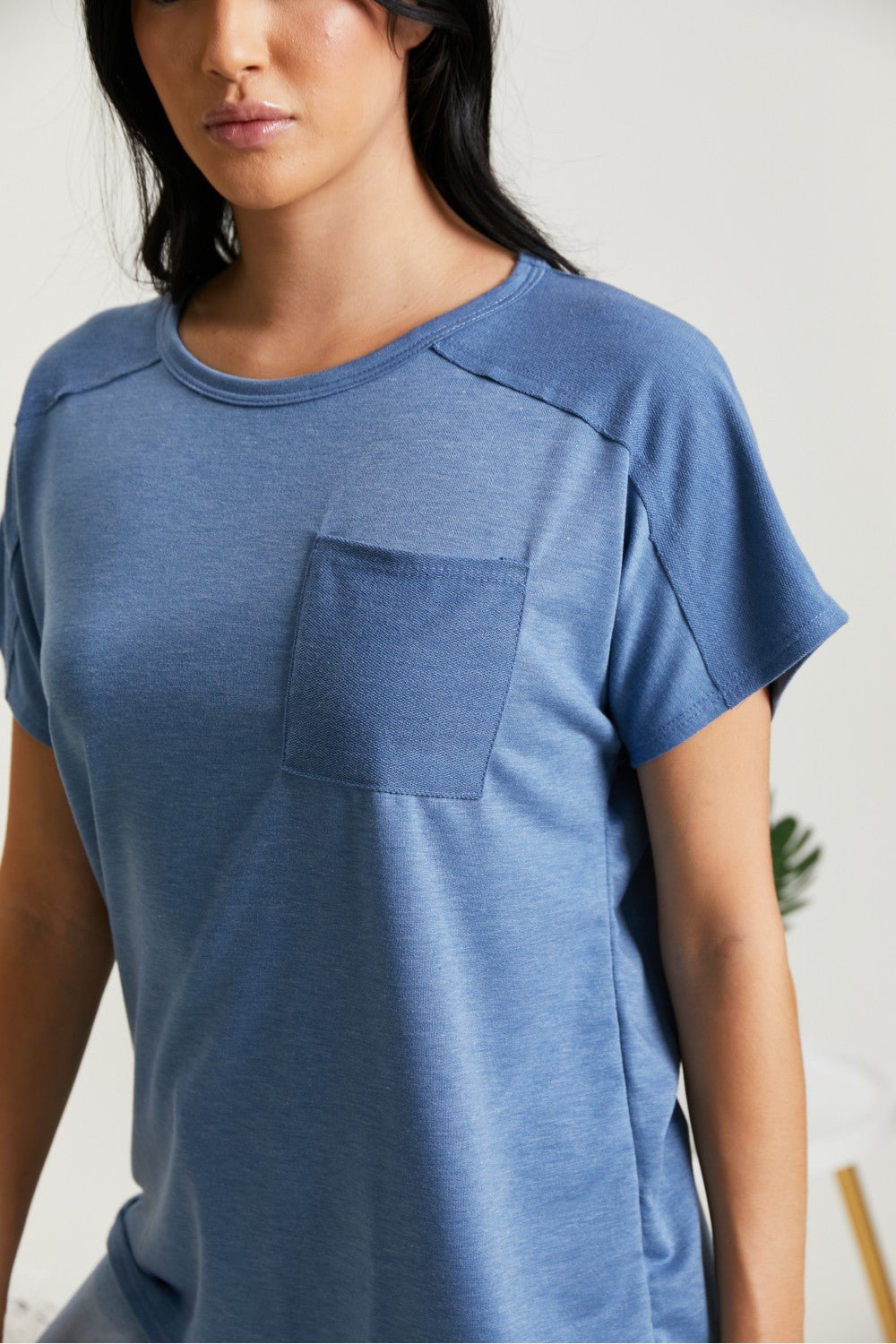 Sew In LoveExposed Seam Crew Neck Short Sleeve T - Shirt in Denim Blue