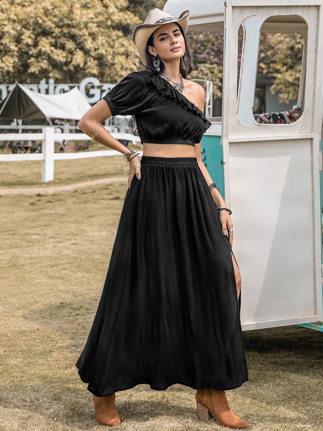 Beach Rose Co.One Shoulder Crop Top and Midi Skirt Set in Black