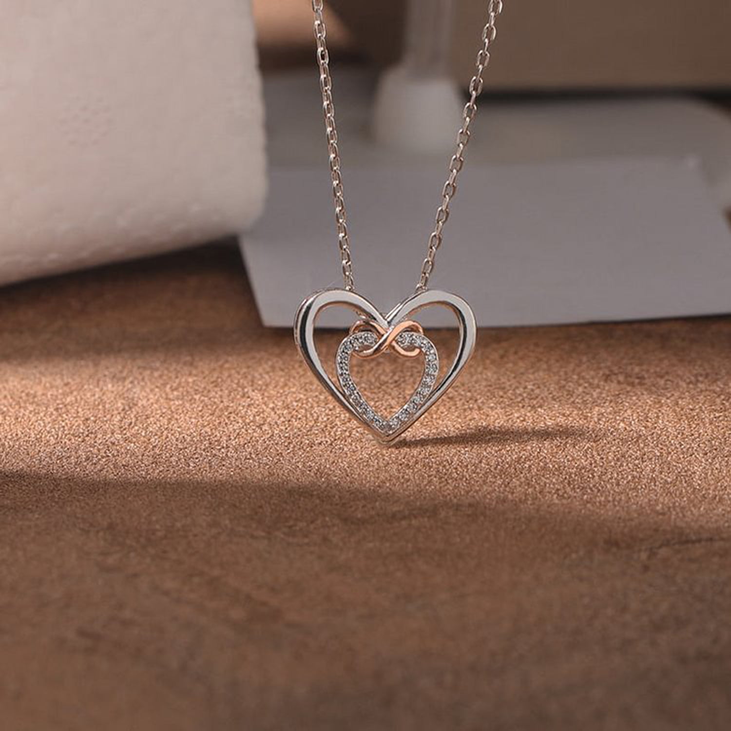 Beach Rose Co.Silver Double Heart Zircon Pendant Necklace