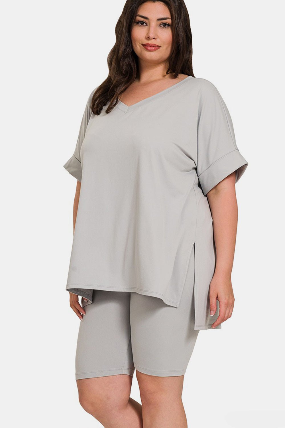 ZenanaV - Neck Short Sleeve Tunic T - Shirt and Shorts Set in Light Grey