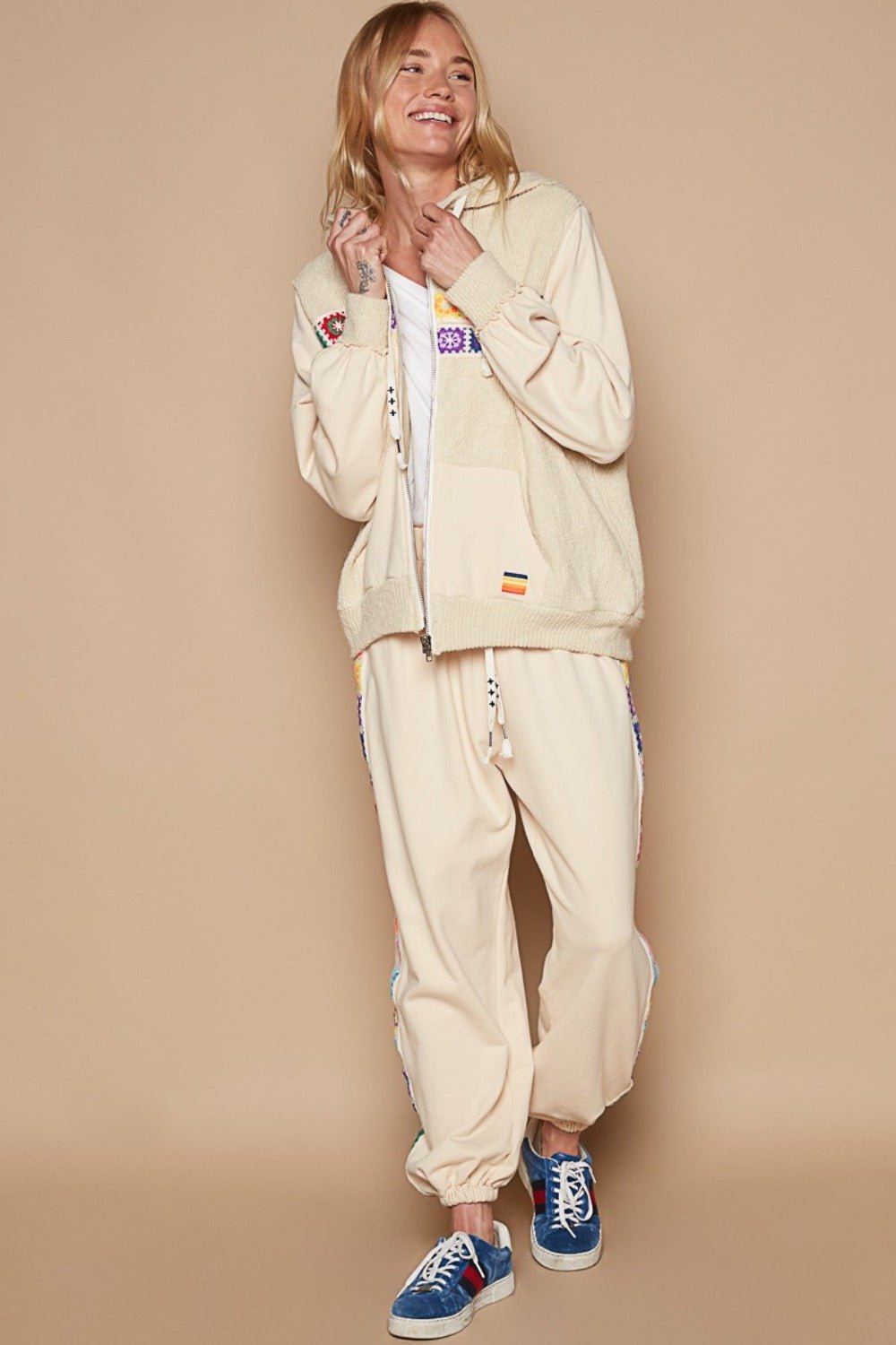 POLPatchwork Hooded Zip Jacket in Cream Beige