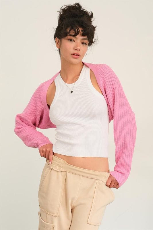 HYFVERib Knit Bolero Cardigan in Rose Pink