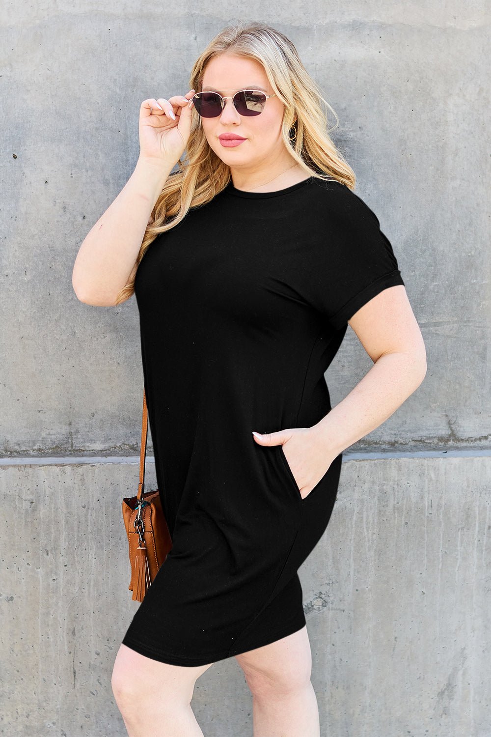 Basic BaeCrew Neck Short Sleeve Mini Tee Dress with Pockets in Black