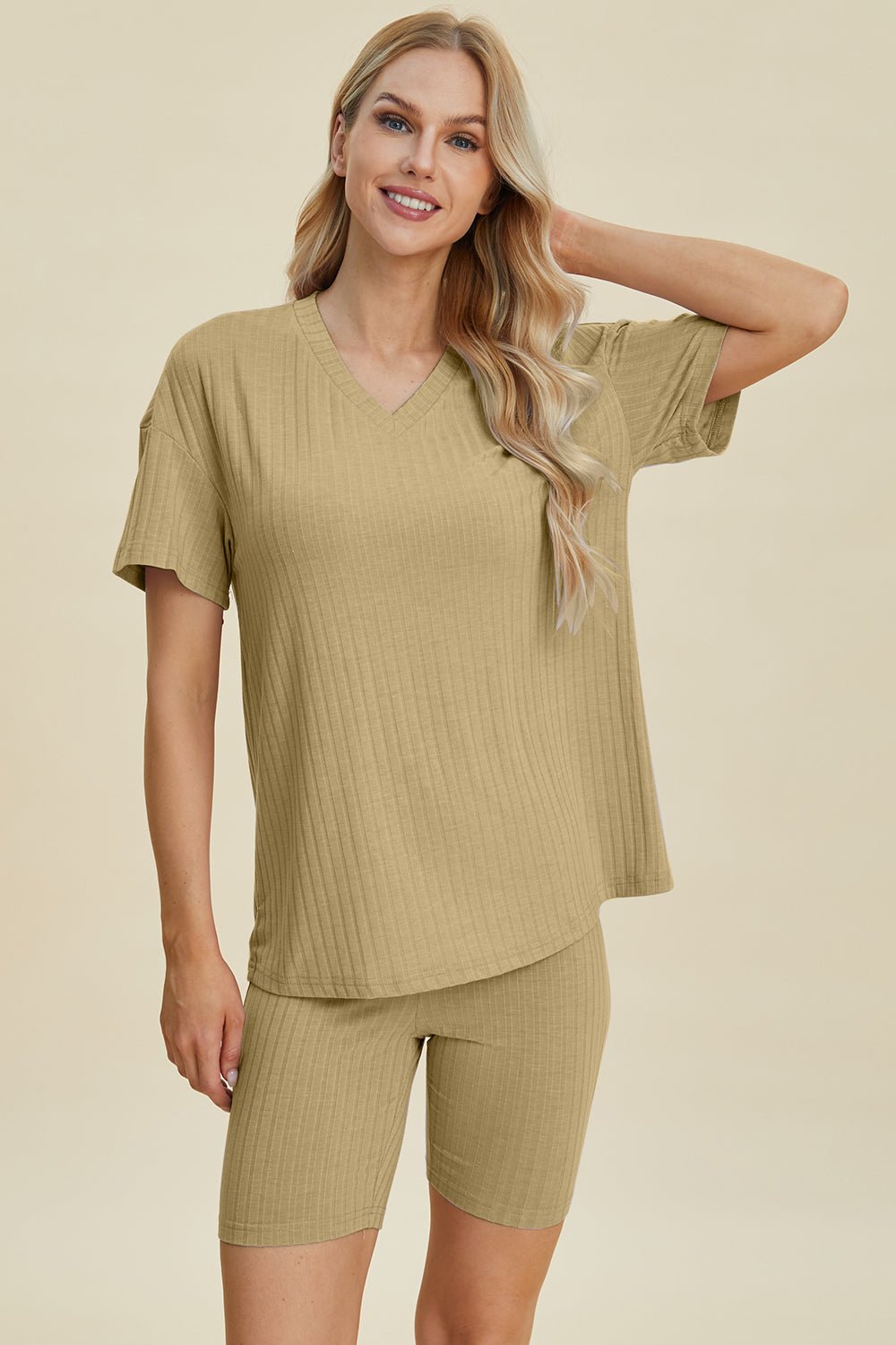 Basic BaeRib Knit V - Neck Short Sleeve Top and Shorts Set