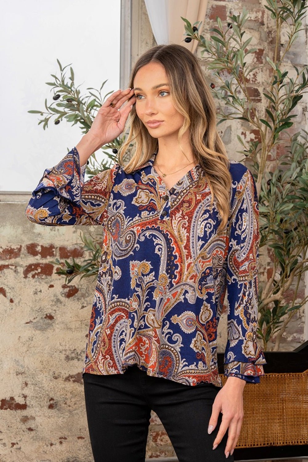 Sew In LoveWrinkle - Free Paisley Print Long Sleeve Top in Navy Rust