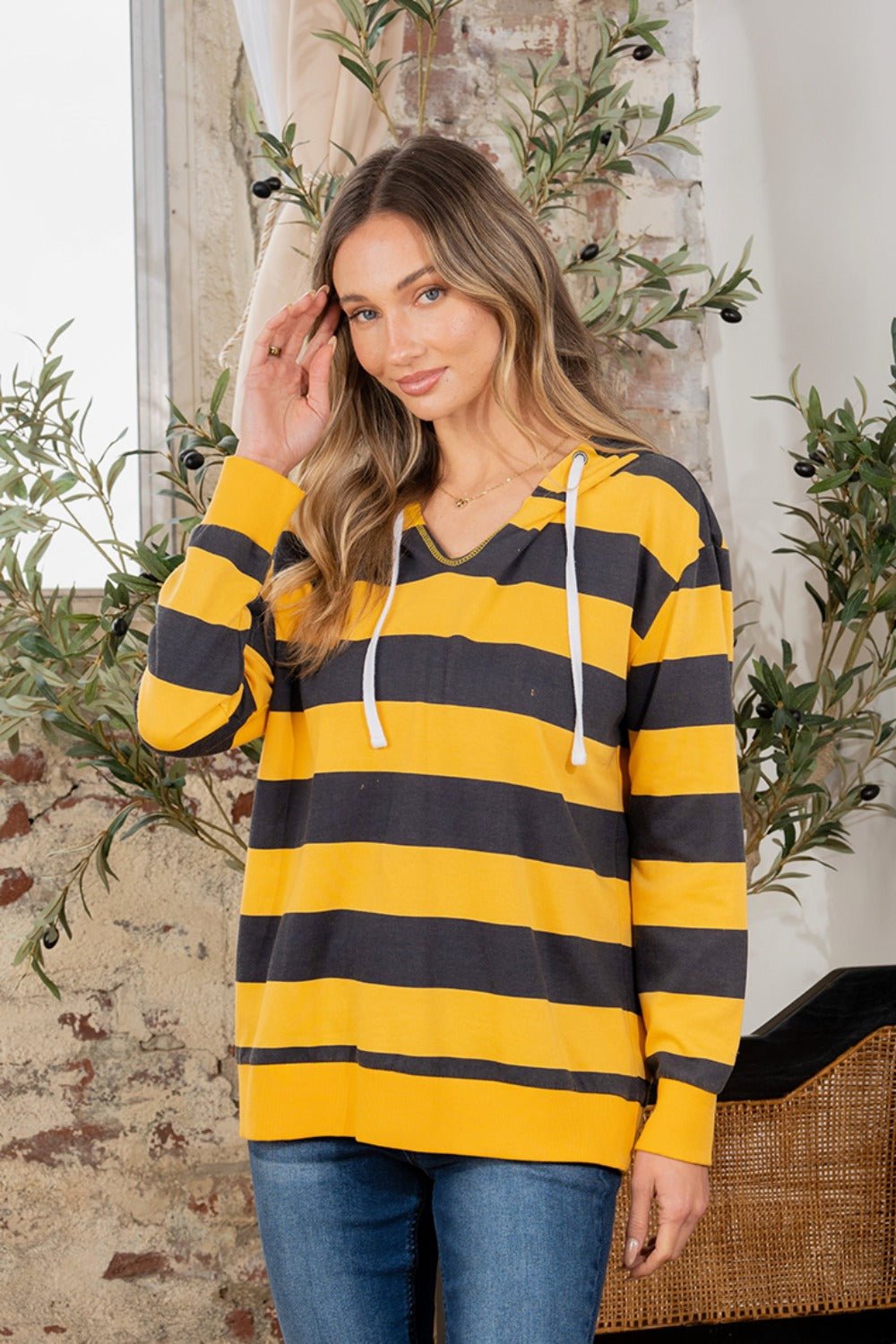 Sew In LoveStriped Long Sleeve Hoodie in Navy Mustard