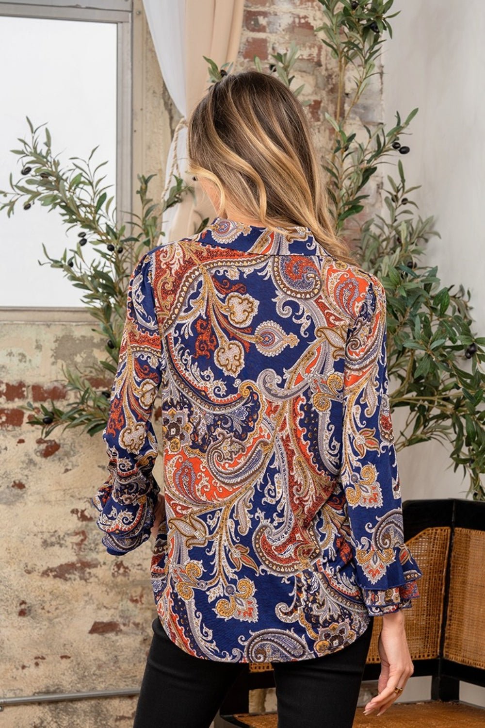 Sew In LoveWrinkle - Free Paisley Print Long Sleeve Top in Navy Rust