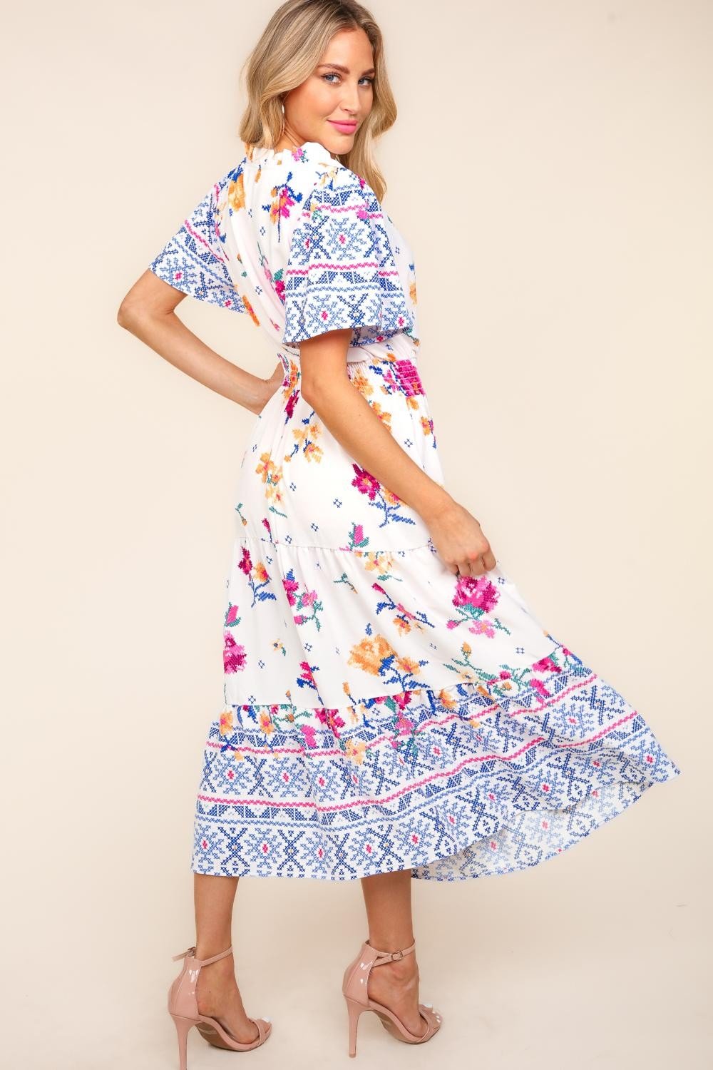 HapticsFloral Print Smocked Waist Maxi Dress in Ivory Blue