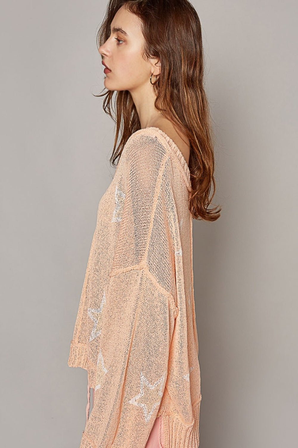 POLV - Neck Long Sleeve Star Print Knit Top in Peach