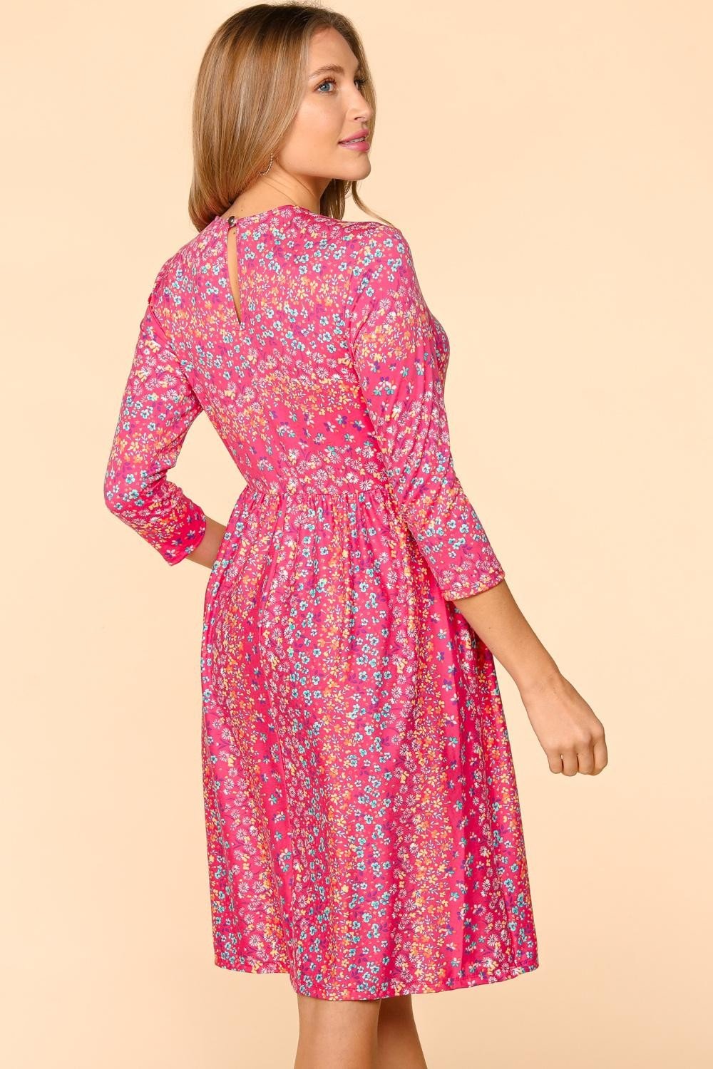 HapticsThree - Quarter Sleeve Floral Midi Dress with Pockets in Fuchsia