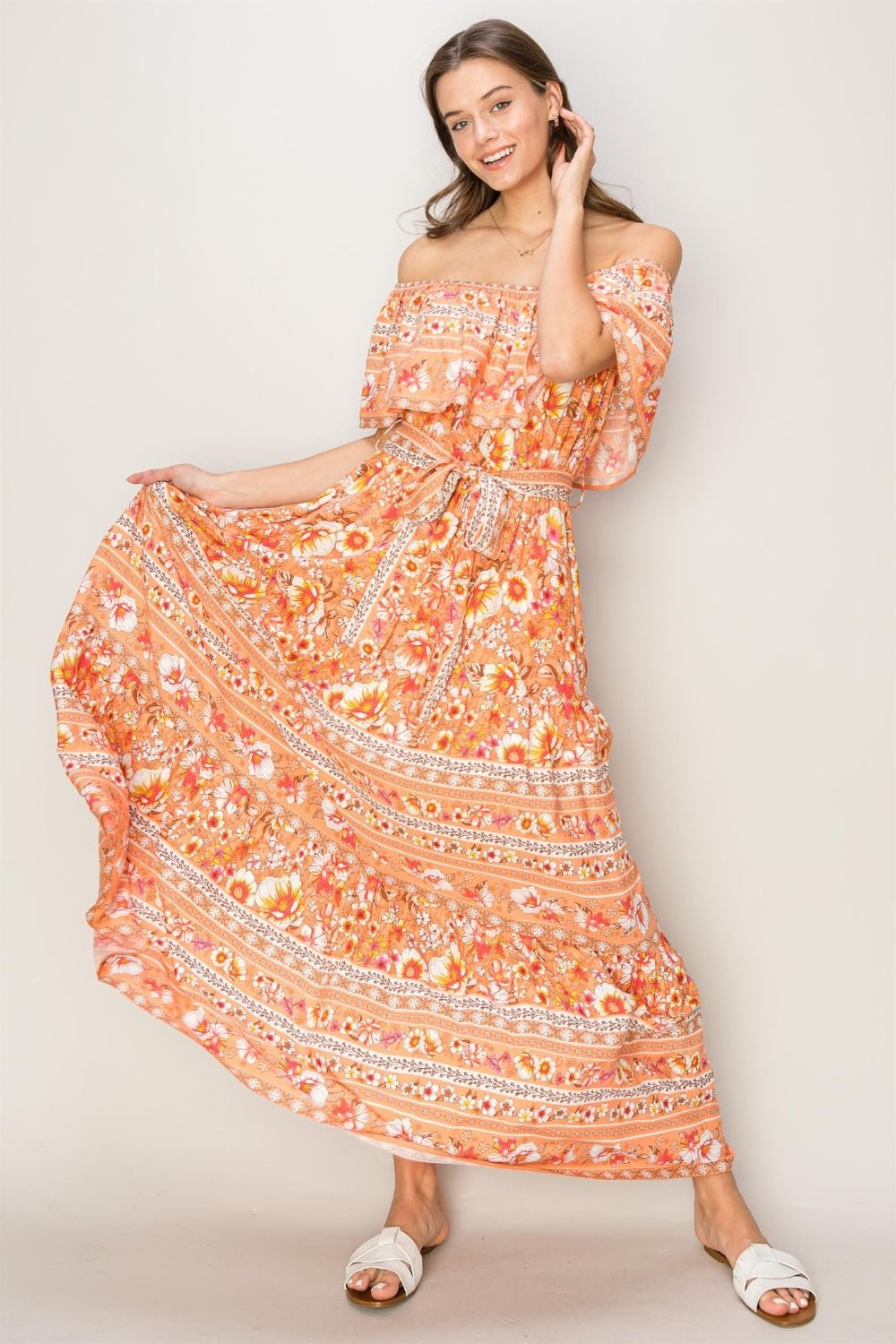 HYFVEFloral Off - Shoulder Maxi Dress in Apricot