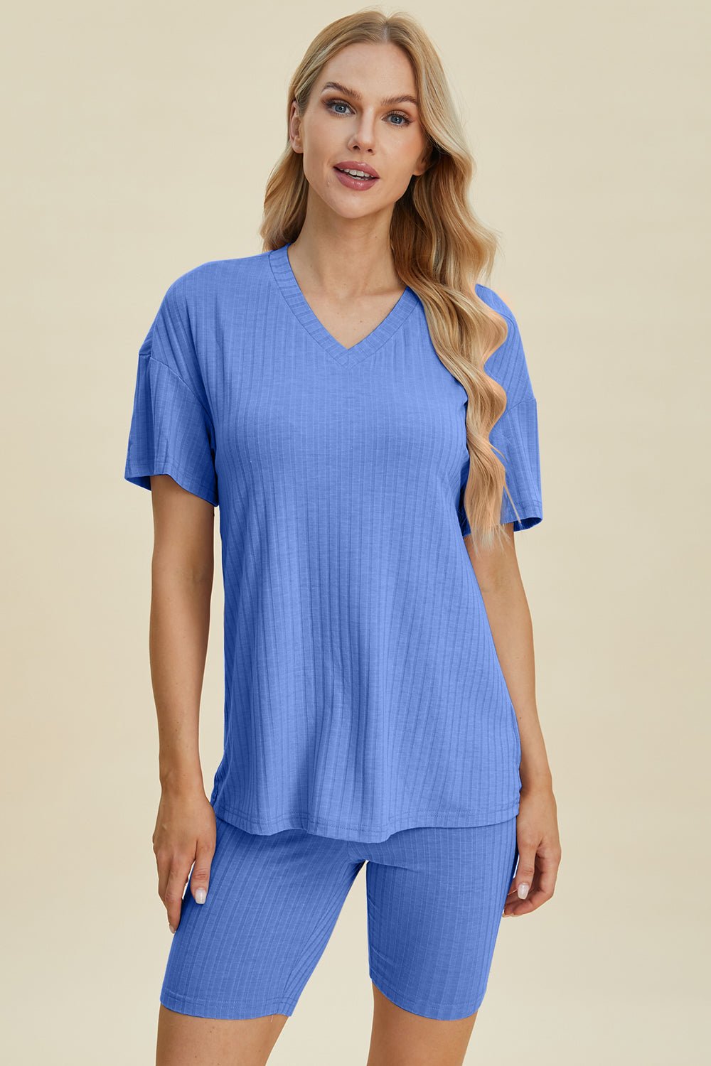 Basic BaeRib Knit V - Neck Short Sleeve Top and Shorts Set