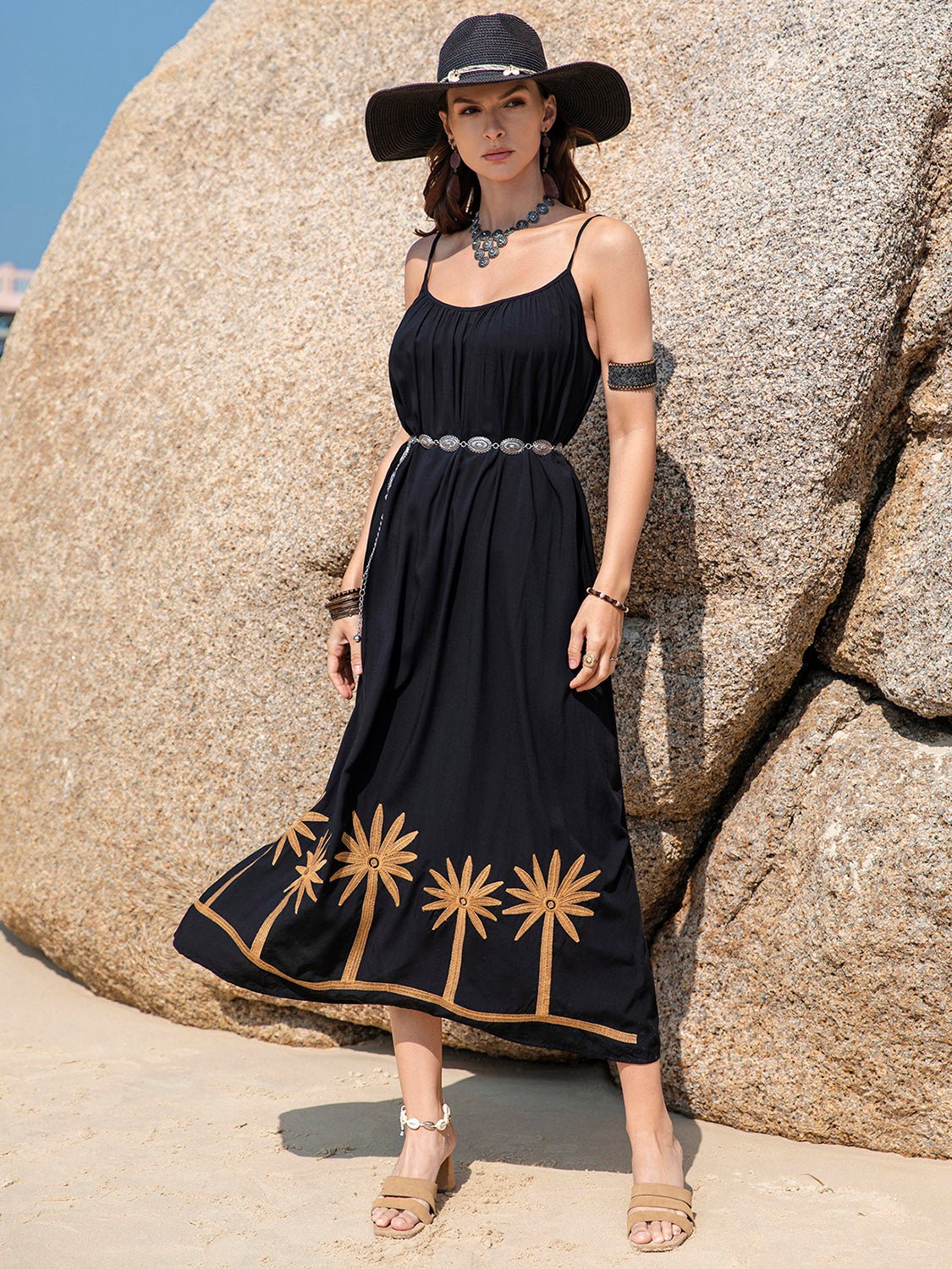 Beach Rose Co.Embroidered Palms Scoop Neck Midi Cami Dress in Black