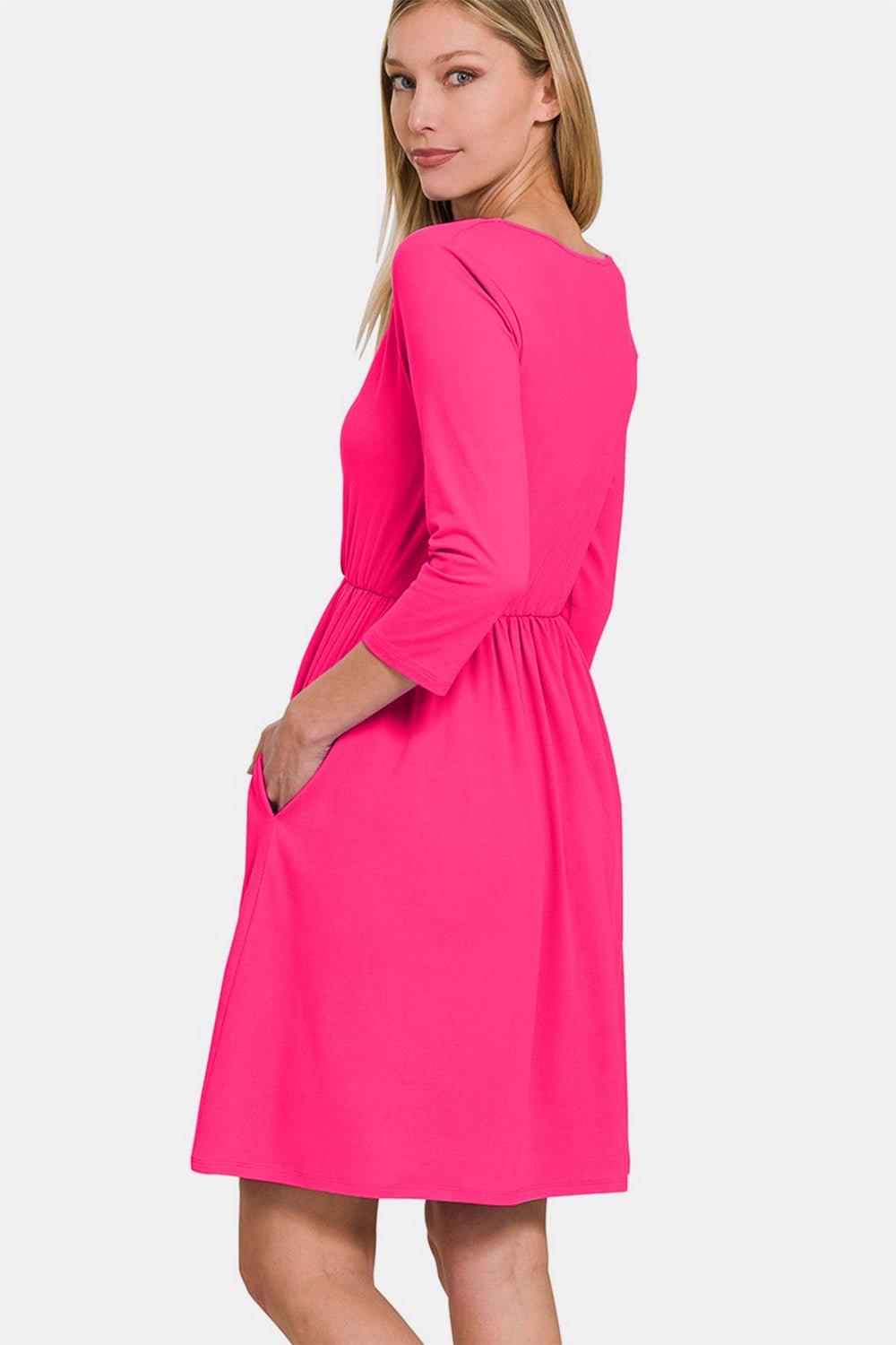 ZenanaThree - Quarter Sleeve Surplice Mini Dress with Pockets in Hot Pink