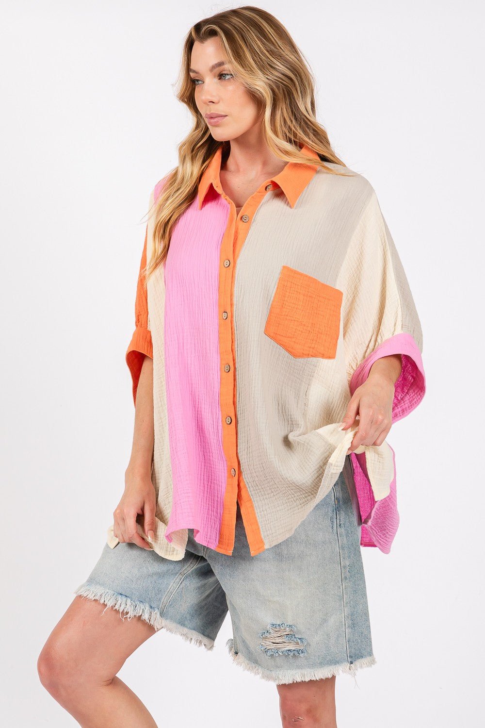 SAGE+FIGMulticolor Color Block Button - Down Shirt