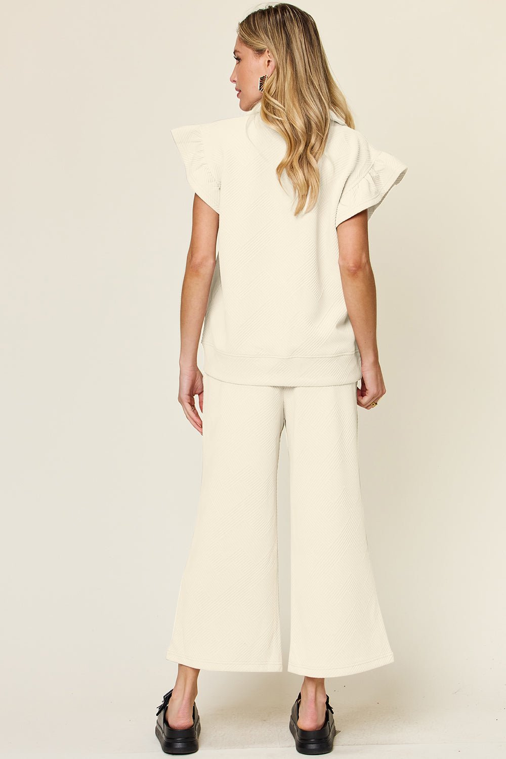 Double TakeTextured Ruffle Short Sleeve Top and Drawstring Wide Leg Pants Set