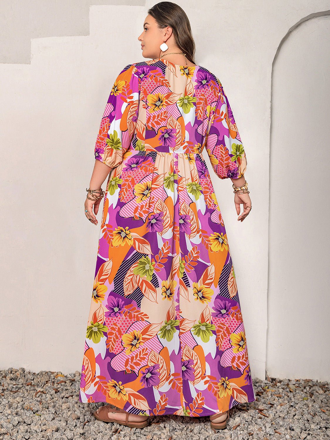 Beach Rose Co.Plus Size Tropical Print Tie Neck Maxi Dress